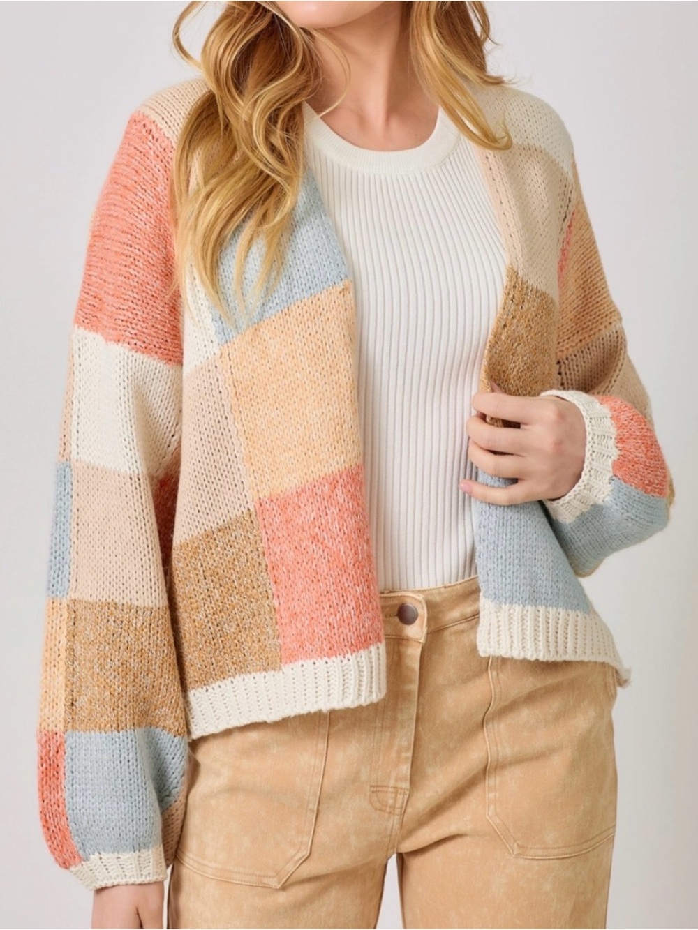 Brand NWT Boutique Colorblock Open-Front Knit Cardigan Sweater - Peach Multi